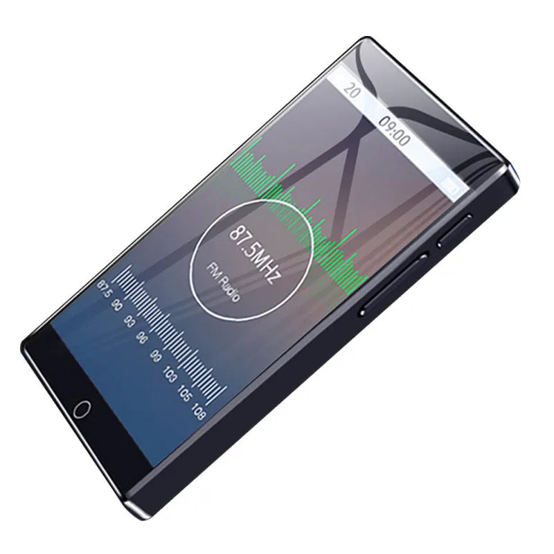 Black Ruizu H1 slim MP4 player with 4-inch touch screen showing media playback interface.