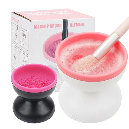Electric makeup brush cleaner with silicone container and automatic cleaning capabilities for all brush sizes