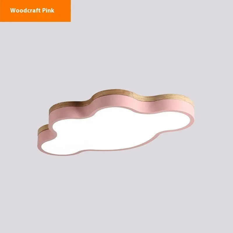 Cloud-shaped ceiling lamp with wooden construction and LED lighting in pink, blue, green, or yellow colour options