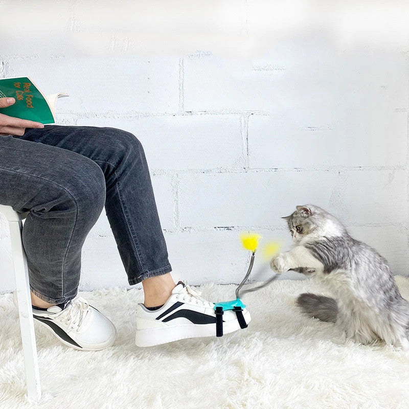 Playful cat chasing and pouncing on a feather-tipped wand toy designed to engage their natural hunting instincts