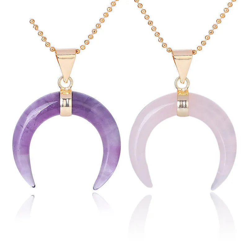 Natural stone moon pendant necklace with electroplated copper chain in pink or purple colour options