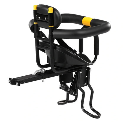 Black front bicycle child seat with 20kg capacity, foldable pedals, and aluminum frame mounted on bike seatpost