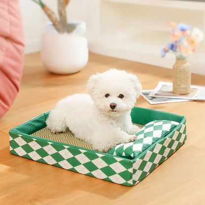 A natural rattan cat litter mat and pet bed in blue, shown in a size suitable for a cat.