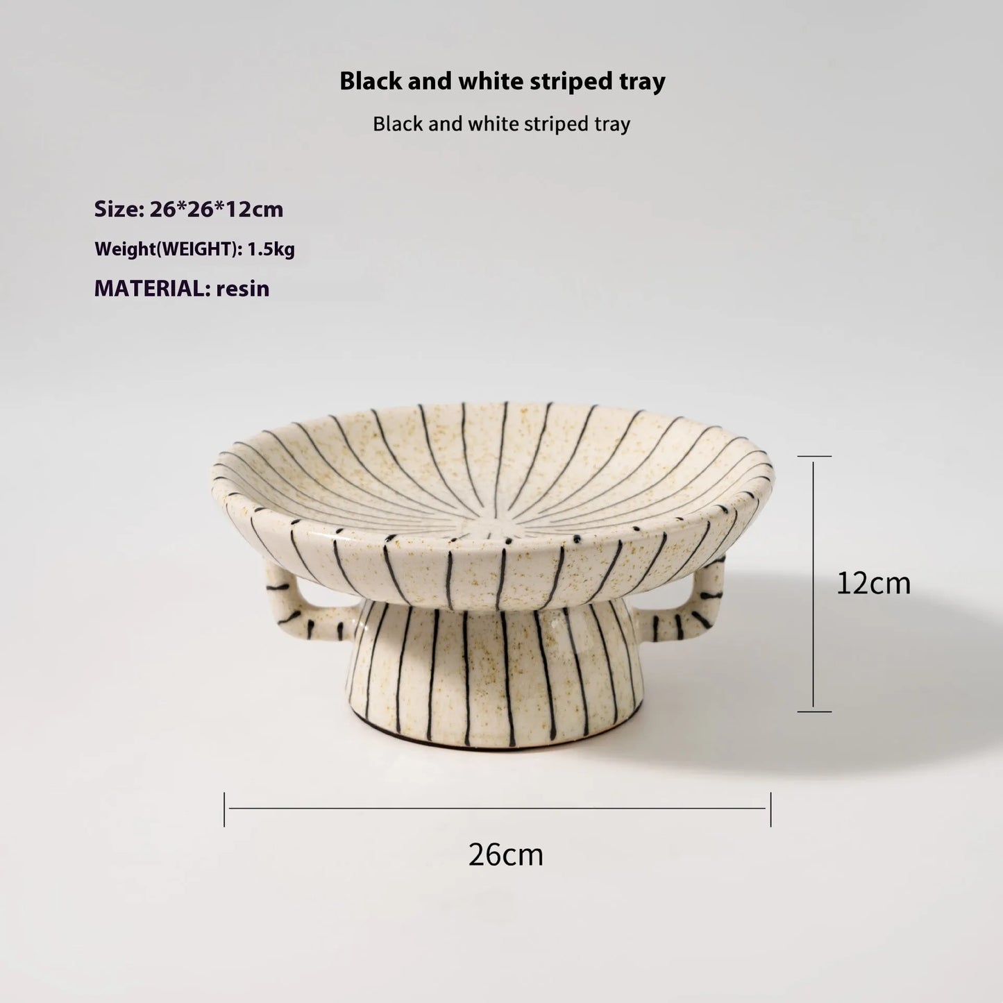 Black and white striped synthetic resin fruit plate with retro fruit motifs, 20cm diameter