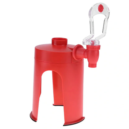 Red automatic soda dispenser gadget attached to beverage bottle for hands-free pouring