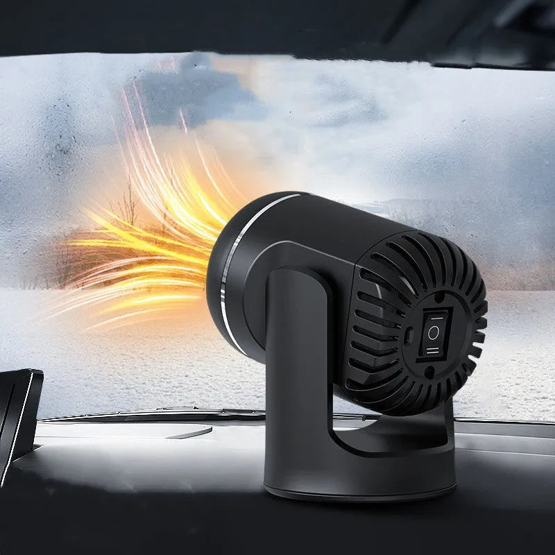 Black and white 12V car heater with cold and warm air settings for windscreen defrosting
