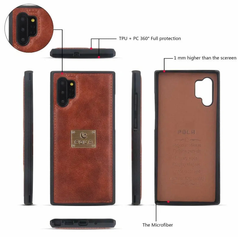 Black PU leather mobile phone wallet case with a zip closure, shown next to cards.