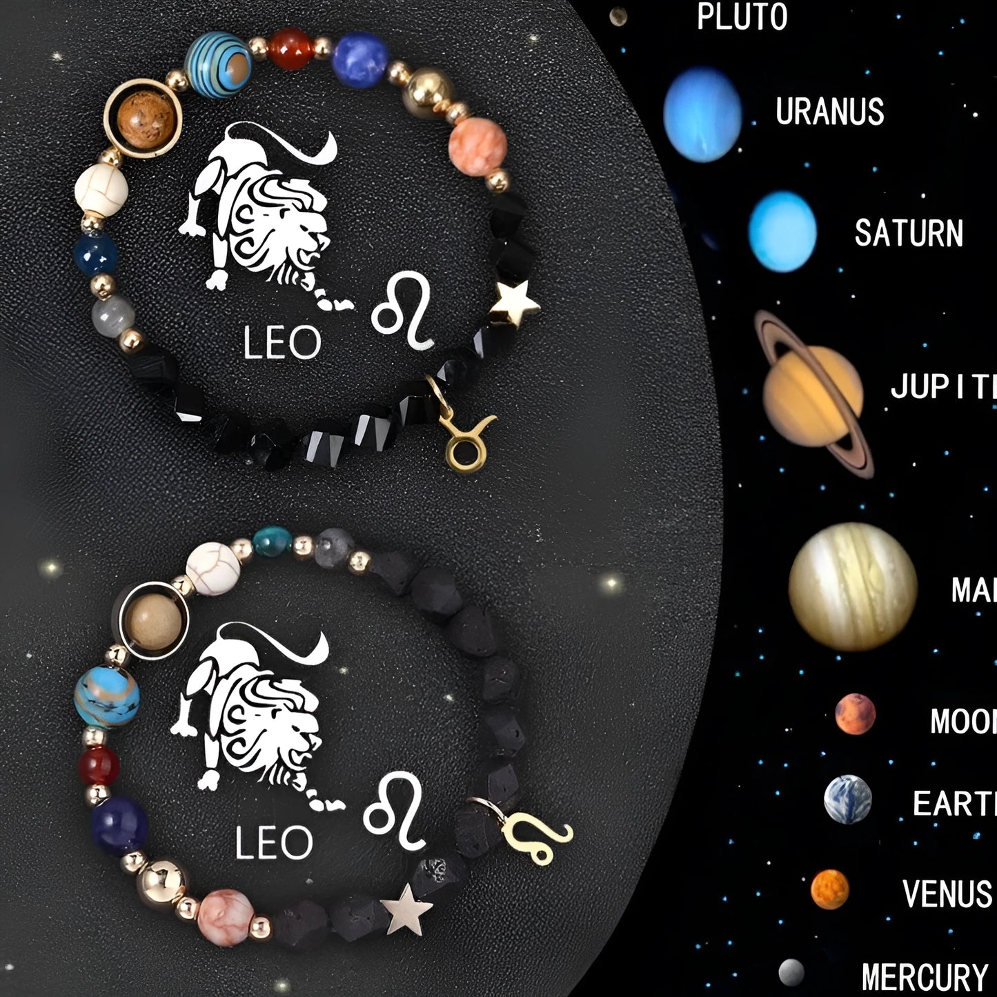 Two natural stone zodiac sign bracelets with adjustable cords showing hand-strung bead designs