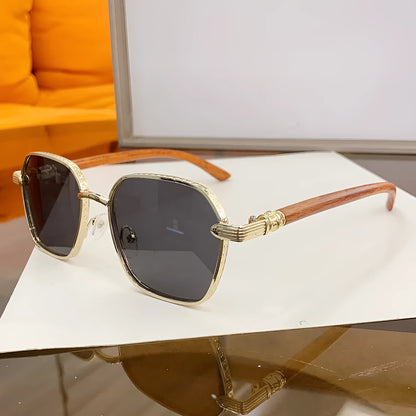Women's frameless glasses with wood grain pattern and gold alloy frame in double blue colour.