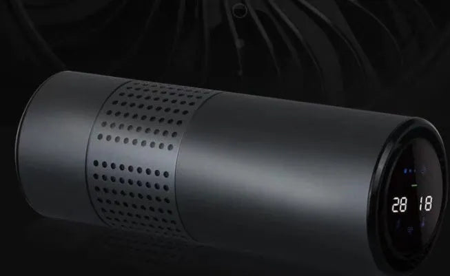 A7 aluminium alloy car air purifier with display showing air quality, temperature, and humidity readings.