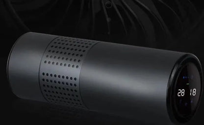 A7 aluminium alloy car air purifier with display showing air quality, temperature, and humidity readings.