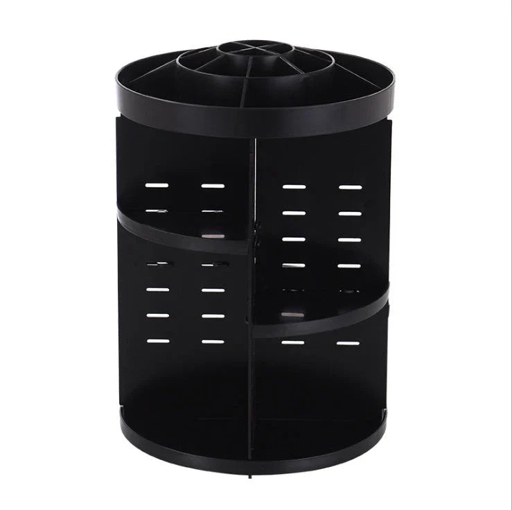Rotating makeup organizer with detachable drawers in various finishes, including white, black, and transparent options