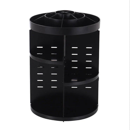 Rotating makeup organizer with detachable drawers in various finishes, including white, black, and transparent options