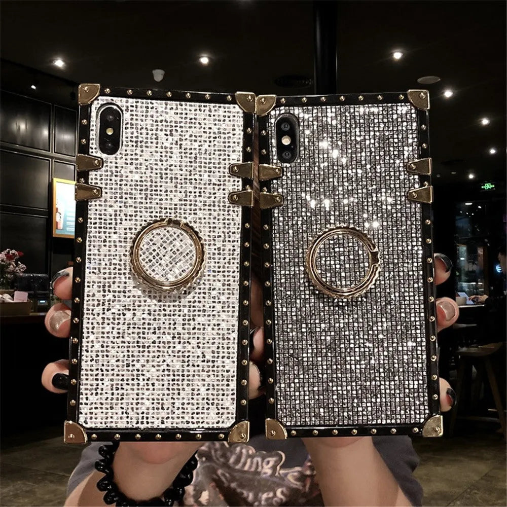 Square TPU mobile phone case in silver colour with a visible flash diamond bracket on the back
