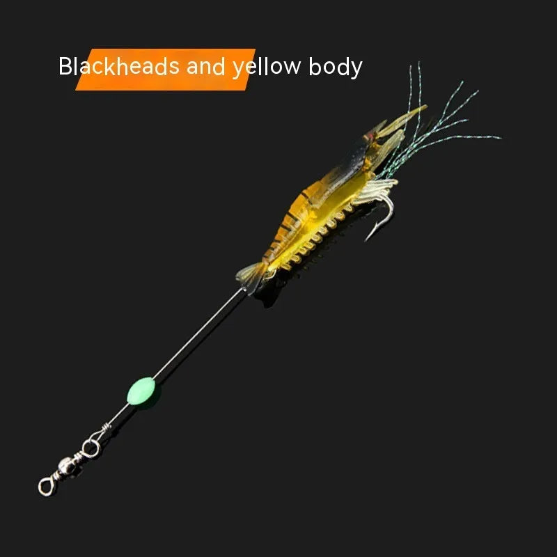 Six soft plastic fishing lures with hooks in various colours including luminous patterns