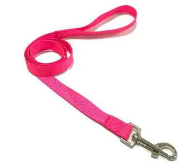 Solid colour polyester dog leash rope in hand, showing various width and colour options.