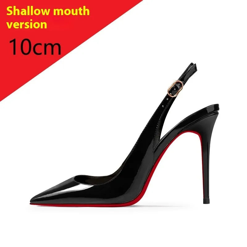 Women's black and red stiletto heel sandals with ankle-strap buckle and pointed toe