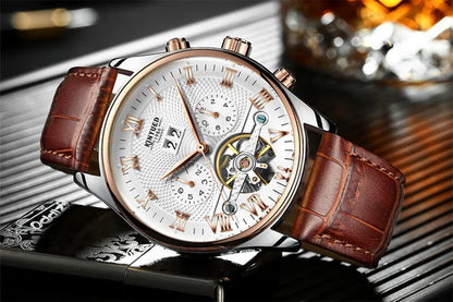 Men's automatic hollow tourbillon mechanical watch, 42mm alloy case, leather band, black or brown