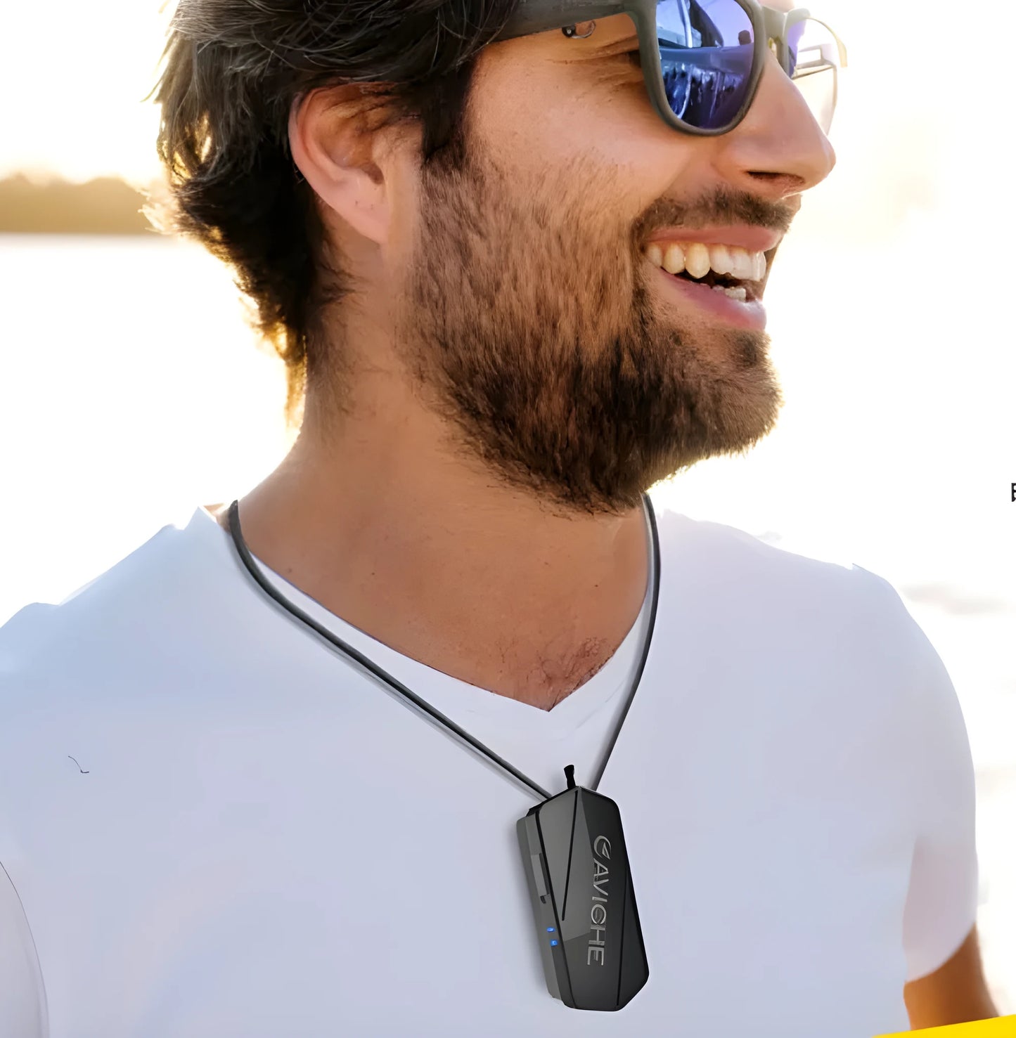 Black portable wearable air purifier necklace showing compact design.