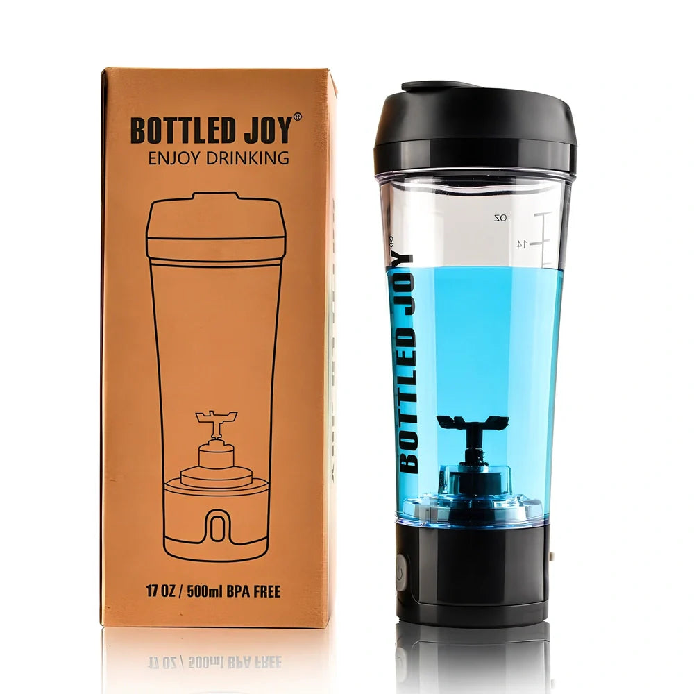 Black USB electric shaker bottle with measurement markings and automatic mixing technology