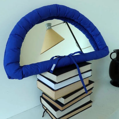 Hanging soft cotton-filled fabric mirror panel in solid colour, shown in white, black, and sapphire blue options.