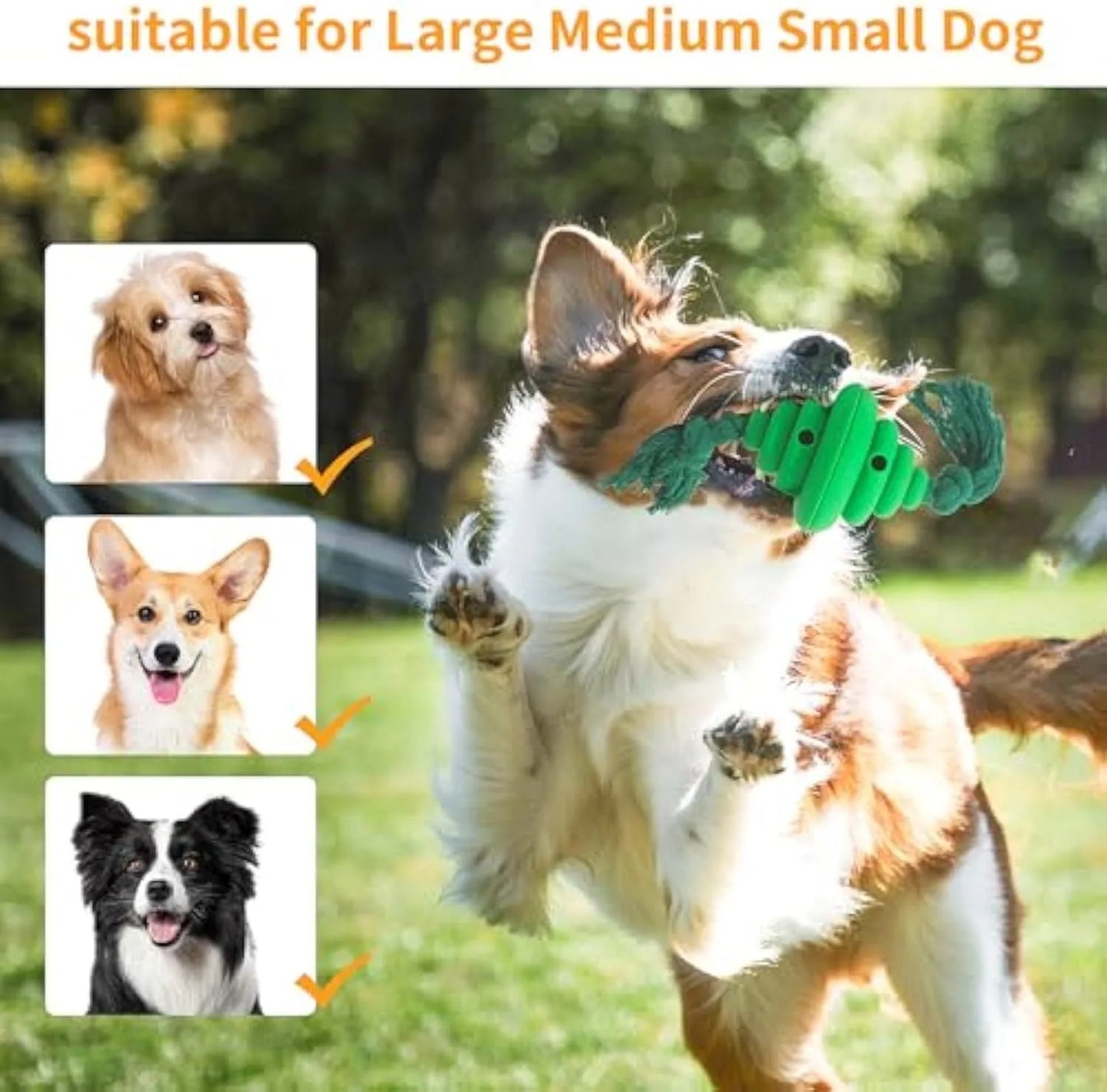 Green and yellow dog ball with attached knotted rope chew and feeder toy on grass.