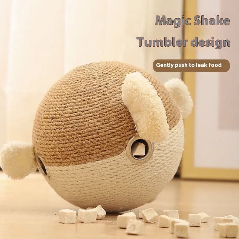 Cat toy and dog toy puffer leakage food feeder for relieving stress and boredom, 15 cm cube design in sisal hemp strip material, interactive puzzle feeder with hidden treat compartments