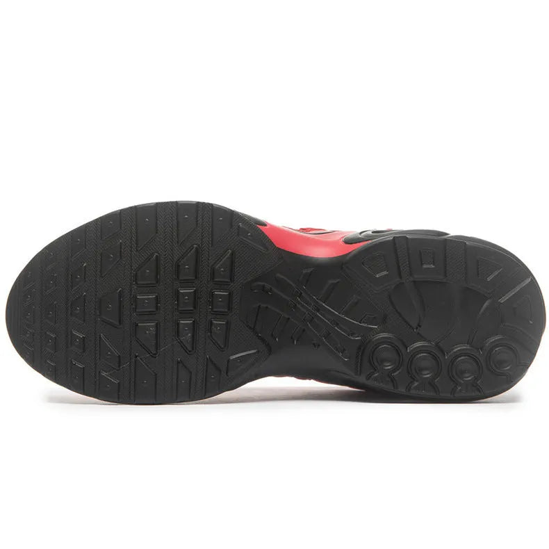 Men's breathable mesh sports shoes with rubber sole, air cushion, front lace-up, available in black, blue, red, and white
