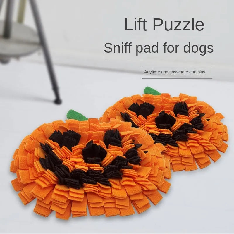 Dog sniffing mat festive pumpkin design anti-choking slow feed training mat orange colour washable fabric with removable slow feeder insert and adjustable rope tie, 40 cm diameter