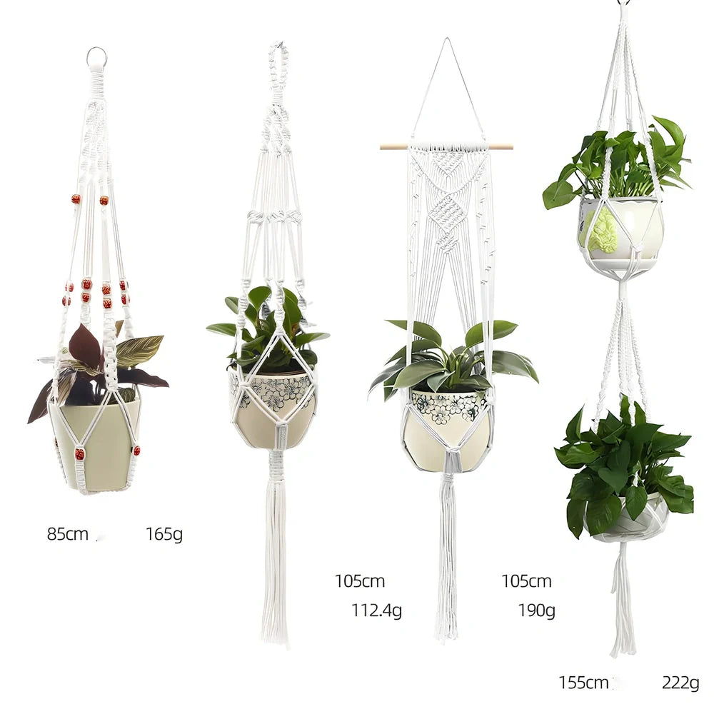 Hand-knitted cotton flowerpot net bag showing intricate pattern and hanging installation with plant