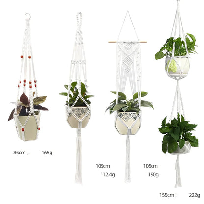 Hand-knitted cotton flowerpot net bag showing intricate pattern and hanging installation with plant