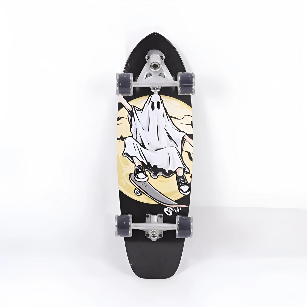 White complete street skateboard with a 31-inch maple wood deck on a pavement background.