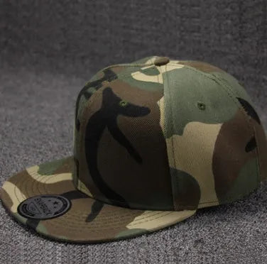 Camo snapback cap with flat brim, cotton polyester, adjustable closure, shown in black, blue, camouflage, and navy blue.