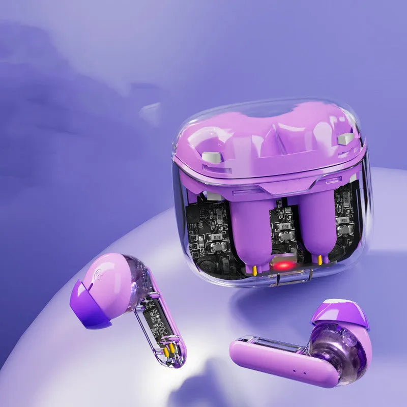 Transparent plastic wireless Bluetooth headset in black, white, or purple colours.