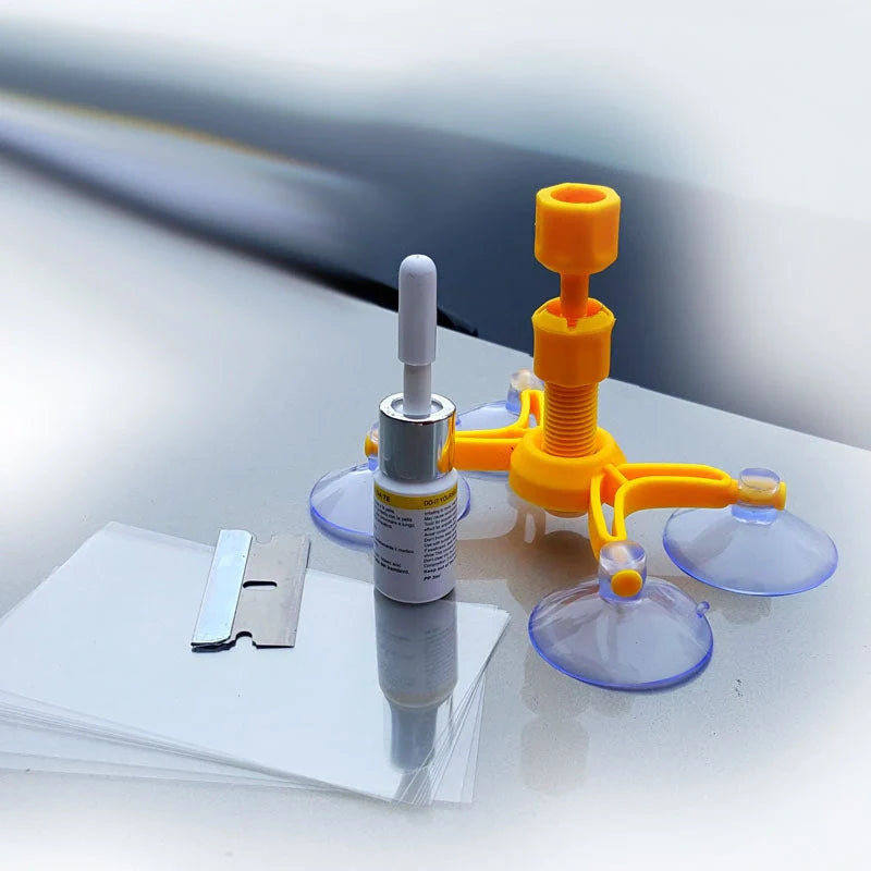 Vacuum function glass crack repairing tool set with connecting soft rod