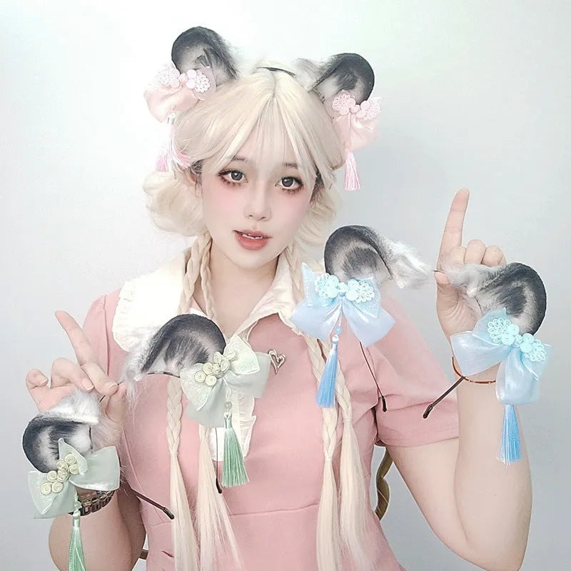 Panda Animal Ears Headband in Plush Fabric with Tassel and Handmade Construction, Unisex Chinese Style Hair Accessory for Cosplay, Lolita and Han Chinese Clothing, Available in Pink, Blue, Green and Purple