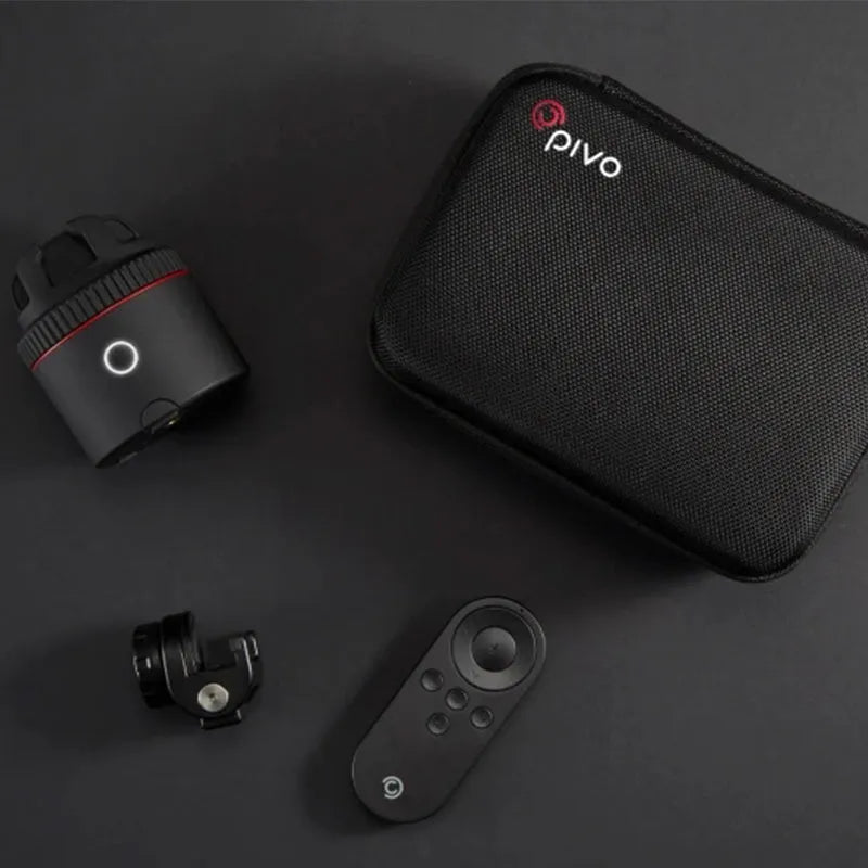Matte black PIVO facial tracking smartphone mount showing 360-degree rotation for automated video.