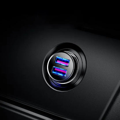 USB smart car charger with aluminium alloy casing in choice of colours, showing compact size for vehicle charging