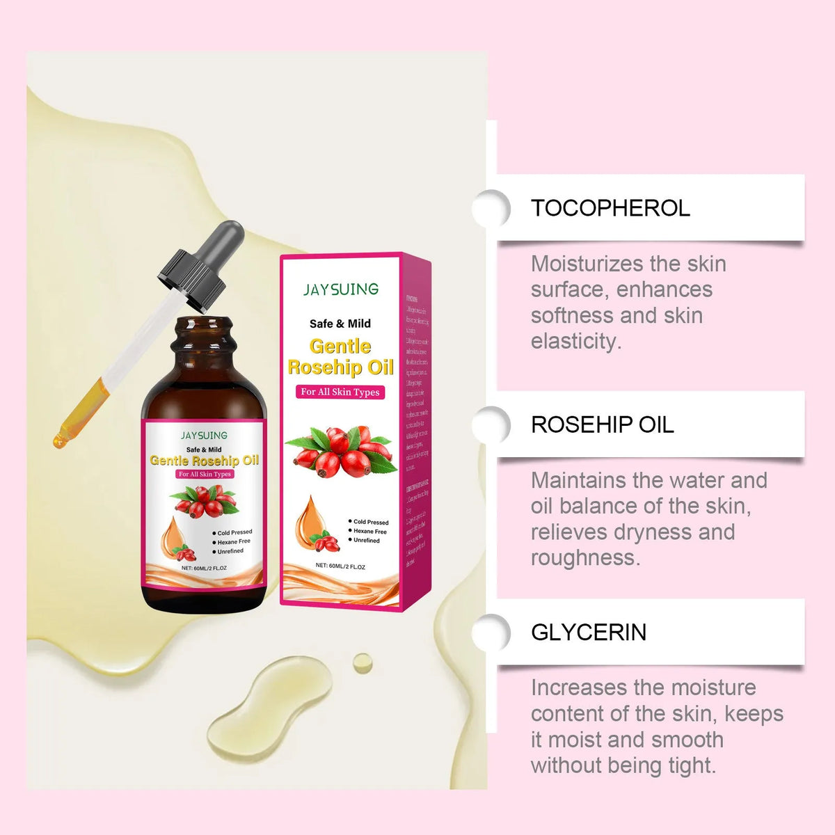 60ml bottle of Rose Fruit Seed Facial Oil with rose hip and vitamin E