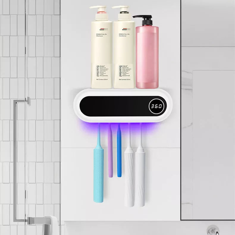 Wall mounted toothbrush holder with UV sterilizer and toothpaste dispenser in ivory white