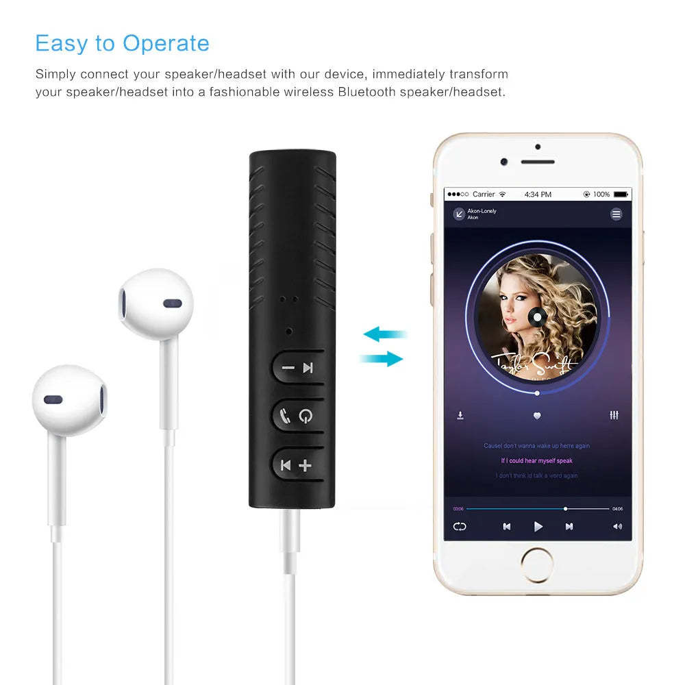 Black Bluetooth audio receiver adapter with 3.5mm AUX jack for car stereo wireless connectivity