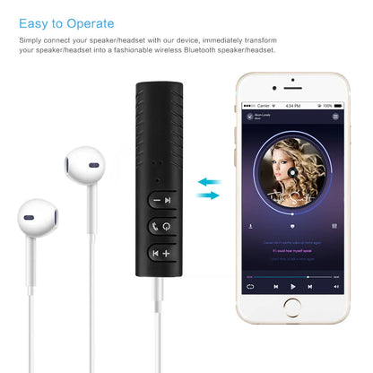 Black Bluetooth audio receiver adapter with 3.5mm AUX jack for car stereo wireless connectivity