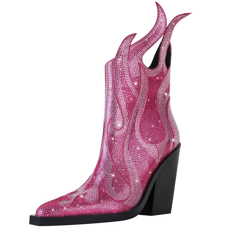 Women's black square toe martin boots with chunky heel, rhinestone flame detail, and side zip.