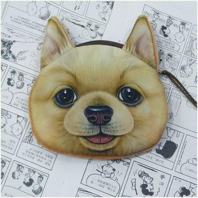 Cat dog face zipper coin purse in polyester and plush, 13x12.5cm, with zip closure for coins and makeup