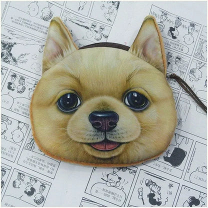 Cat dog face zipper coin purse in polyester and plush, 13x12.5cm, with zip closure for coins and makeup
