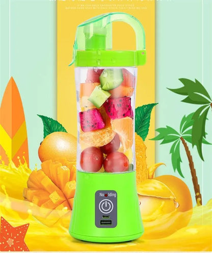 Blue handheld electric fruit juicer with USB port, 400ml cup, and blending blades on a kitchen counter