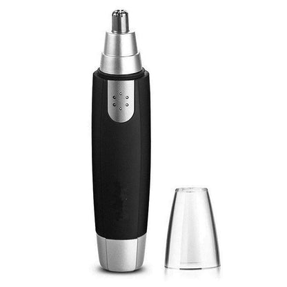 Black electric nose hair trimmer with rotating blades and arch design for safe nasal hair removal