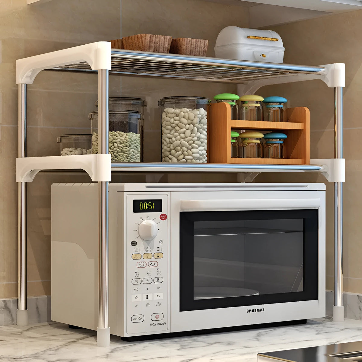 Silver and white microwave shelf rack in 2-tier or 3-tier with iron tubes and plastic connectors