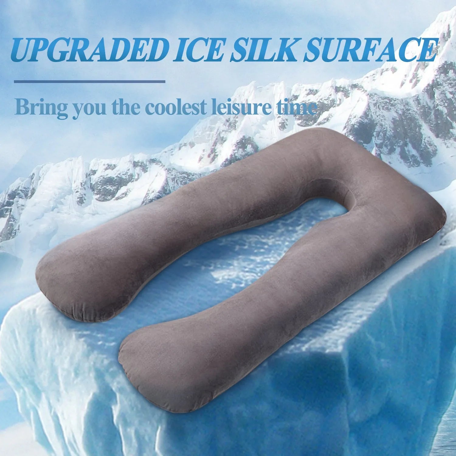 Light blue U-shaped ice silk maternity pillow for pregnancy support on a bed