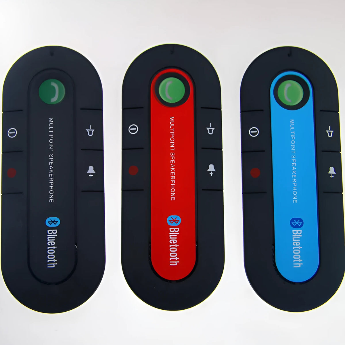 Black Bluetooth hands-free car kit mounted on a car sun visor with charger and cable.